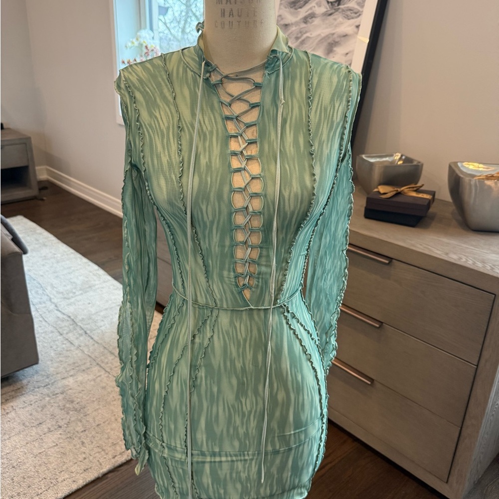 House of CB Mint Green Long Sleeve Lace-Up Mini Dress
